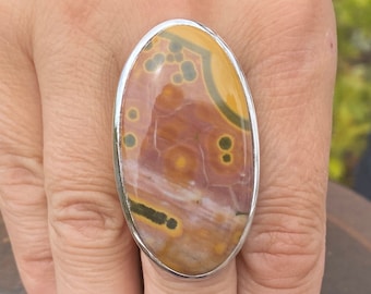 Bague océan / jaspe orbiculaire (taille P, 8) en argent sterling 925 - pierre précieuse naturelle de 23 x 44 mm vert orange jaune rose orange