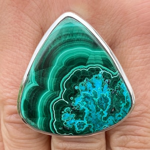 Malachite Chrysocolla (size R 1/2 , 9) ring in 925 Sterling Silver - 33x35mm natural green gemstone - handmade
