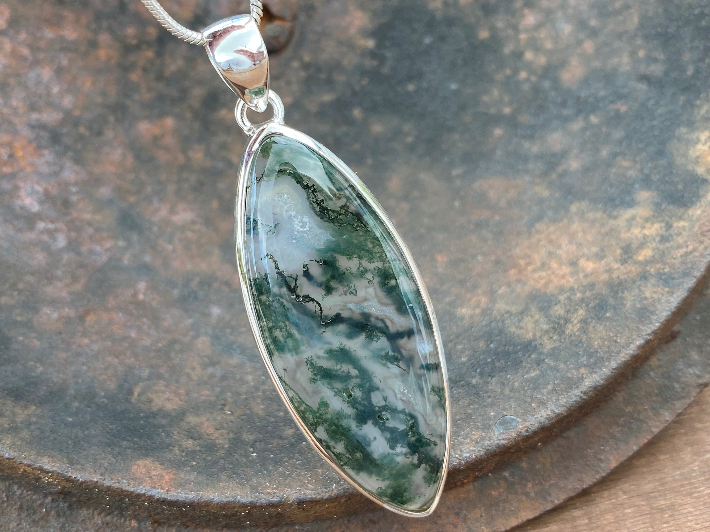 Natural Green Moss Agate pendant in 925 sterling silver | Etsy