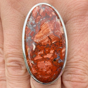 Red Jasper (size N , 7) ring in 925 Sterling Silver - 22x42mm natural red white gemstone - handmade statement ring