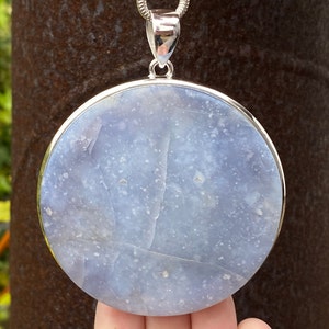 Very large natural Blue Chalcedony pendant in 925 Sterling Silver - 71x88mm handmade statement piece - soft blue gemstone - necklace