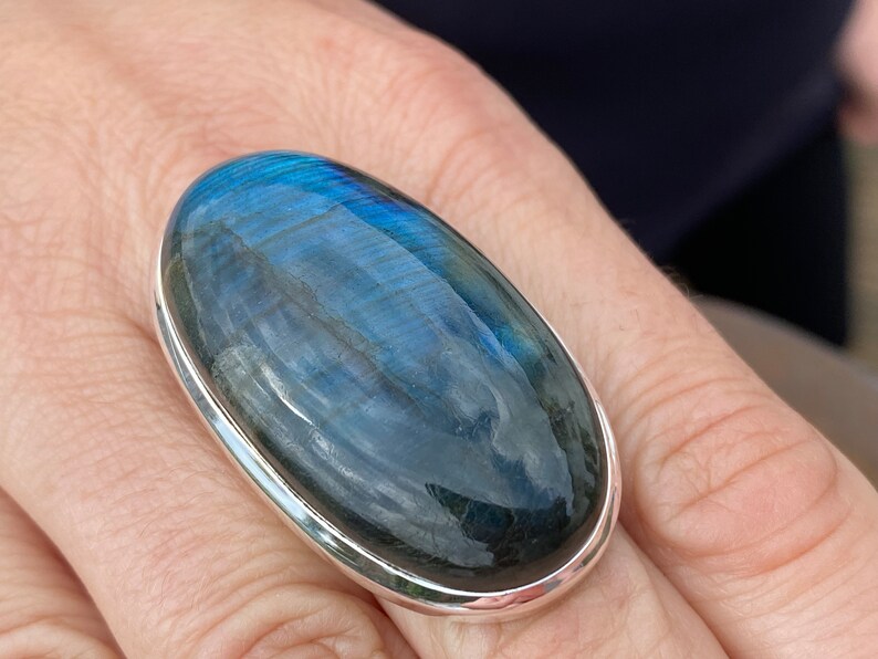 Blue Labradorite ring (size R , 8.75) ring in 925 Sterling Silver - natural 22x40mm blue gemstone - handmade ring image 9
