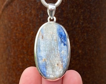 Rustic Kyanite pendant in 925 Sterling Silver - 24x53mm handmade pendant - natural two tone silver blue gemstone - necklace pendant