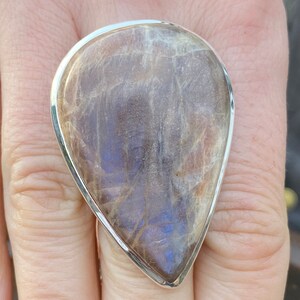 Sonnenstein / Madagaskar Mondstein Fusionsring (Grösse N 1/2 - 7.25) in 925 Sterling Silber - natürlicher 30 x 45 mm orange weiss blauer Edelstein