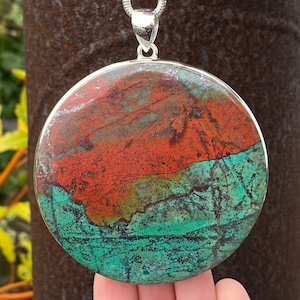 Very Large Sonora Sunrise pendant in 925 Sterling Silver - handmade 80x95mm pendant - natural green and red gemstone - cuprite & Chrysocolla
