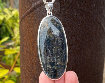 Rustic Kyanite pendant in 925 Sterling Silver - 30x80mm handmade pendant - natural blue brown gemstone - necklace