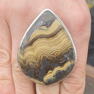 May include: A silver ring with a large, teardrop-shaped stone. The stone is a brown and gold banded agate with a swirling pattern.