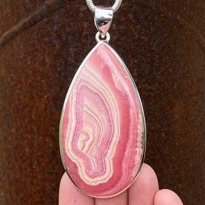Quality Rhodochrosite pendant in 925 Sterling Silver - handmade 38x82mm statement piece - natural pink gemstone - necklace pendant