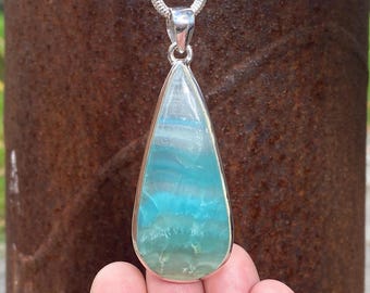 Ciondolo in calcite caraibica in argento sterling 925 - pezzo unico fatto a mano da 26 x 69 mm - pietra preziosa naturale blu e bianca - ciondolo per collana