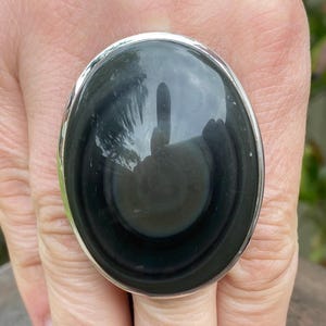 Large Eye Obsidian (size S , 9.5 US) ring in 925 Sterling Silver - natural 34x46mm natural volcanic glass - black gemstone - statement ring