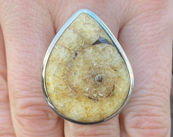 Madagascan Ammonite ring (size O 1/2 , 7.75) in 925 Sterling Silver - 24x32mm natural brown fossil- handmade