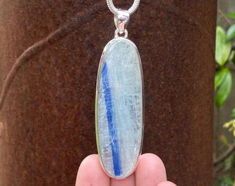 Large Kyanite pendant in 925 Sterling Silver - 23x79mm handmade pendant - natural silver blue gemstone