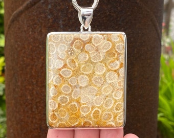 Indonesian Fossil Coral pendant in 925 sterling silver - handmade 46x71mm statement piece - natural soft brown gemstone - necklace pendant