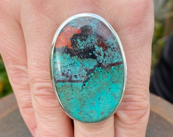 Sonora Sunrise (size M 1/2 , 6.75) handmade ring in 925 Sterling Silver - natural 28x43mm red and green gemstone - handmade statement ring