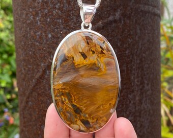 Large Golden Pietersite pendant in 925 Sterling Silver - handmade 43x80mm pendant - natural gemstone - Namibia , Africa - necklace