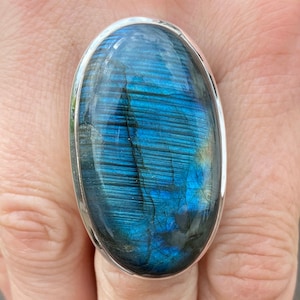 Blue Labradorite ring (size R , 8.75) ring in 925 Sterling Silver - natural 22x40mm blue gemstone - handmade ring image 1
