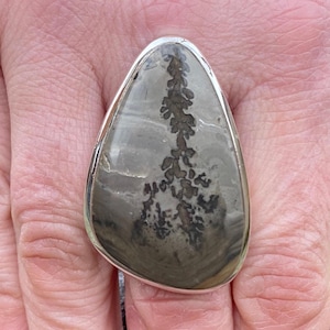 May include: A large, teardrop-shaped ring featuring a polished stone with a unique pattern. The stone is primarily gray with dark brown and black dendritic inclusions, set in a silver band. The ring is shown on a hand.