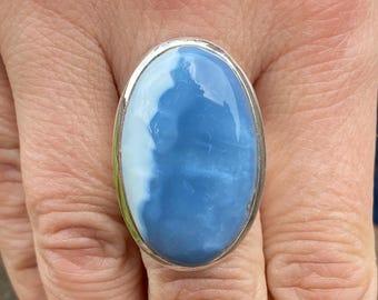 Blue Opal (size O , 7.5) ring in 925 Sterling Silver - natural 19x30mm stone - pastel blue gemstone - handmade