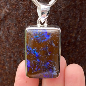 Australian Boulder Opal pendant in 925 sterling silver - handmade 23x48mm pendant - natural chocolate brown and purple gemstone - necklace