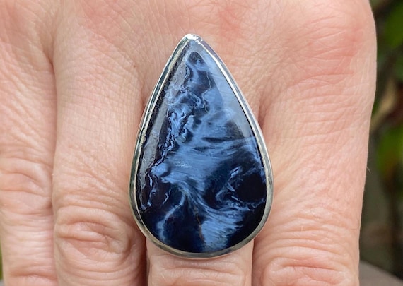 Blue Pietersite ring (size T 1/2 , 10) in 925 Sterling Silver - high quality 21x34mm natural blue gemstone - handmade statement ring