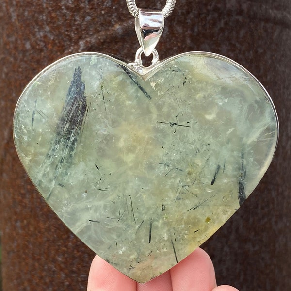 Very large Tourmalinated Prehnite pendant in 925 Sterling Silver - handmade 79x85mm pendant - natural green and black gemstone - Tourmaline