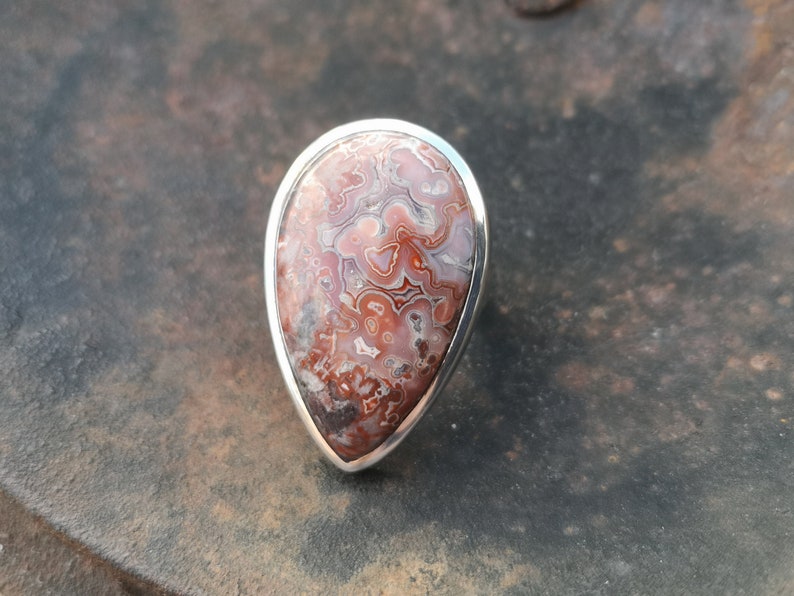 natural 20x33mm stone size P , 8 Mexican Crazy Lace Agate ring in 925 Sterling Silver