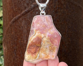 Rough Peruvian Pink Opal pendant in 925 sterling silver - handmade 38x75mm pendant - natural tumbled pink gemstone - necklace pendant