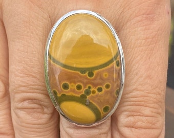 Bague océan / jaspe orbiculaire (taille P, 8) en argent sterling 925 - pierre précieuse naturelle de 23 x 35 mm verte orange jaune rose orange