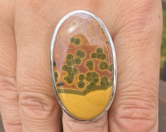 Bague océan / jaspe orbiculaire (taille T 1/2/10) en argent sterling 925 - pierre précieuse naturelle 21 x 38 mm vert orange jaune rose orange