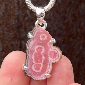 Argentinian Rhodochrosite Stalactite slice pendant in 925 Sterling Silver - handmade 18x37mm claw set pendant - natural pink gemstone