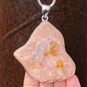 Large Rough Peruvian Pink Opal pendant in 925 sterling silver - handmade 50x76mm pendant - natural tumbled pink gemstone - necklace pendant