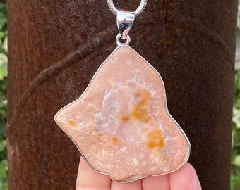 Large Rough Peruvian Pink Opal pendant in 925 sterling silver - handmade 50x76mm pendant - natural tumbled pink gemstone - necklace pendant