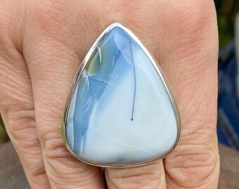 Blue Opal (size R 1/2 , 9) ring in 925 Sterling Silver - natural 30x38mm stone - blue to grey gemstone - handmade statement ring
