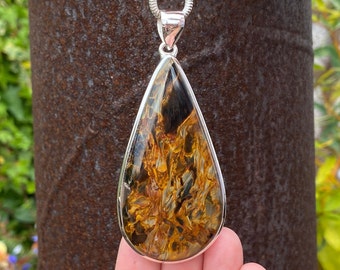 Large Golden Pietersite pendant in 925 Sterling Silver - handmade 37x86mm pendant - natural gemstone - Namibia , Africa - necklace