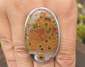 Bague océan / jaspe orbiculaire (taille N, 7) en argent sterling 925 - pierre précieuse naturelle 25 x 41 mm vert orange jaune rose orange