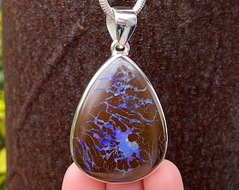 Australian Boulder Opal pendant in 925 sterling silver - handmade 34x59mm pendant - natural chocolate brown and purple gemstone - necklace