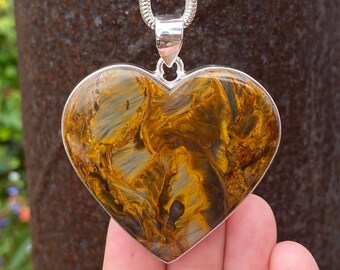 Golden Pietersite heart pendant in 925 Sterling Silver - handmade 53x60mm pendant - natural gemstone - Namibia , Africa - necklace