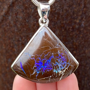 Australian Boulder Opal pendant in 925 sterling silver - handmade 42x50mm pendant - natural chocolate brown and purple gemstone - necklace