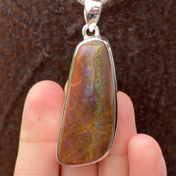 Australian Boulder Opal pendant in 925 sterling silver - handmade 20x61mm pendant - natural chocolate brown and multi coloured gemstone