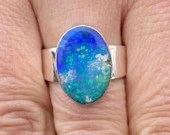 Australian Opal doublet (size R 1/2 , 9) ring in 925 Sterling Silver - 12x17mm natural blue gemstone - handmade