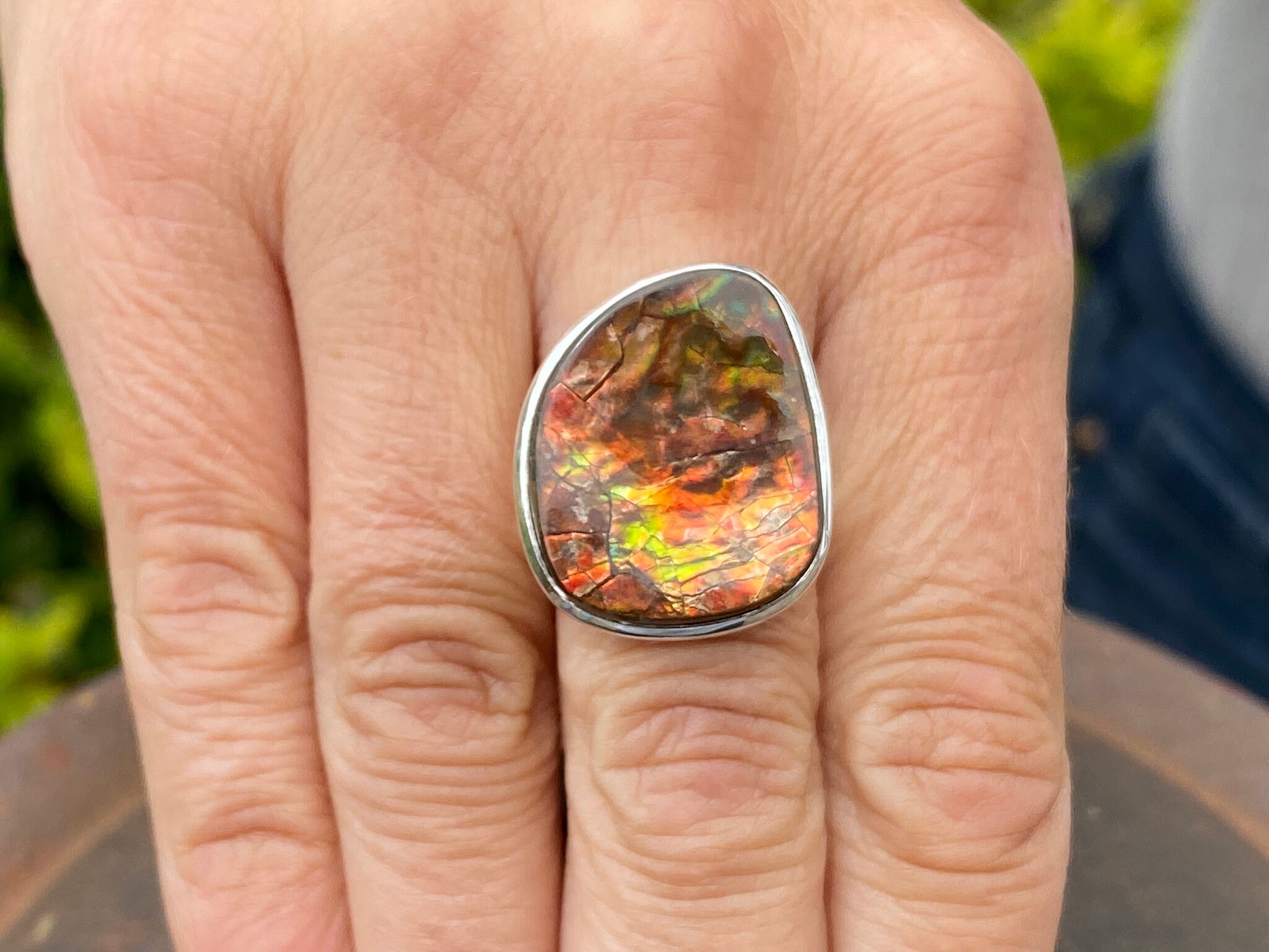 天然アンモライトリング（サイズ P、8）925スターリングシルバー