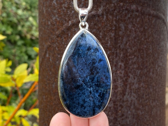 Dumortierite Pendant in 925 Sterling Silver Handmade 38x77mm