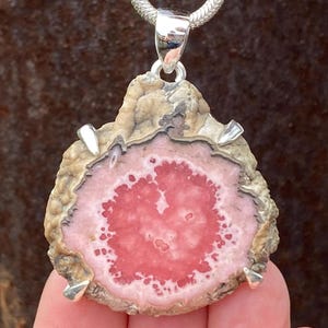 Argentinian Rhodochrosite Stalactite slice pendant in 925 Sterling Silver - handmade 39x50mm claw set pendant - natural pink gemstone