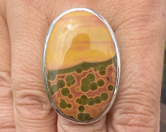 Bague océan / jaspe orbiculaire (taille P, 8) en argent sterling 925 - pierre précieuse naturelle 23 x 36 mm vert orange jaune rose orange