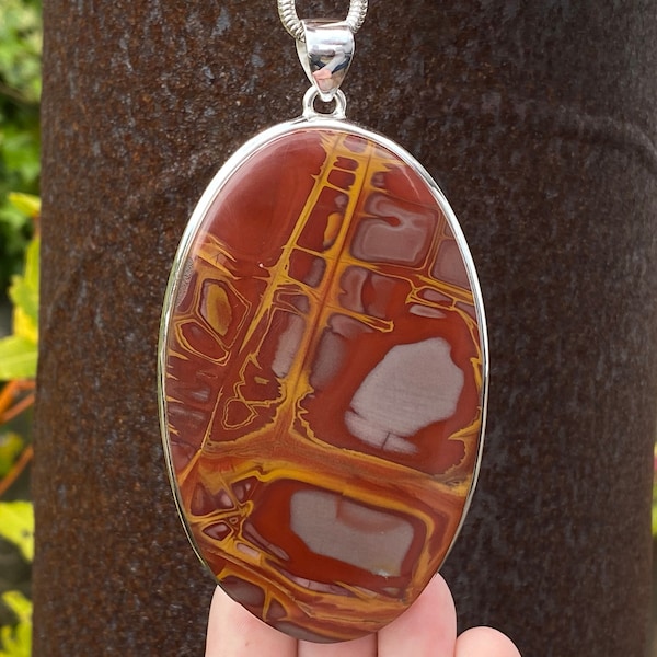 Very Large Noreena Jasper pendant in 925 Sterling Silver - handmade 55x105mm pendant - natural red, grey and yellow gemstone - necklace