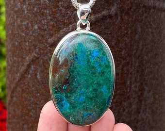 Azurite & Malachite pendant in 925 Sterling Silver - handmade 35x66mm pendant - natural green and blue gemstone - necklace