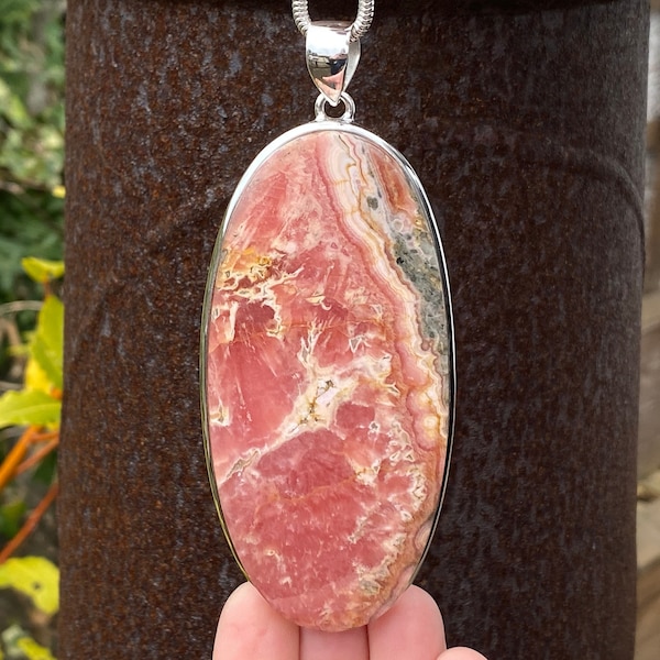Very Large Rhodochrosite pendant in 925 Sterling Silver - handmade 46x104mm statement piece - natural pink gemstone - custom cut