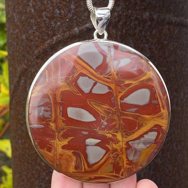 Very Large Noreena Jasper pendant in 925 Sterling Silver - handmade 73x88mm pendant - natural red, grey and yellow gemstone - necklace
