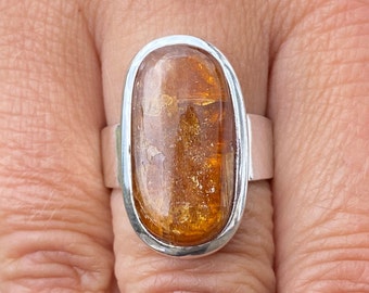 Tansania Orange Kyanit (Größe N,7) Ring aus 925 Sterling Silber - natürlicher 10x21mm Stein - rustikaler oranger Edelstein - handgemacht