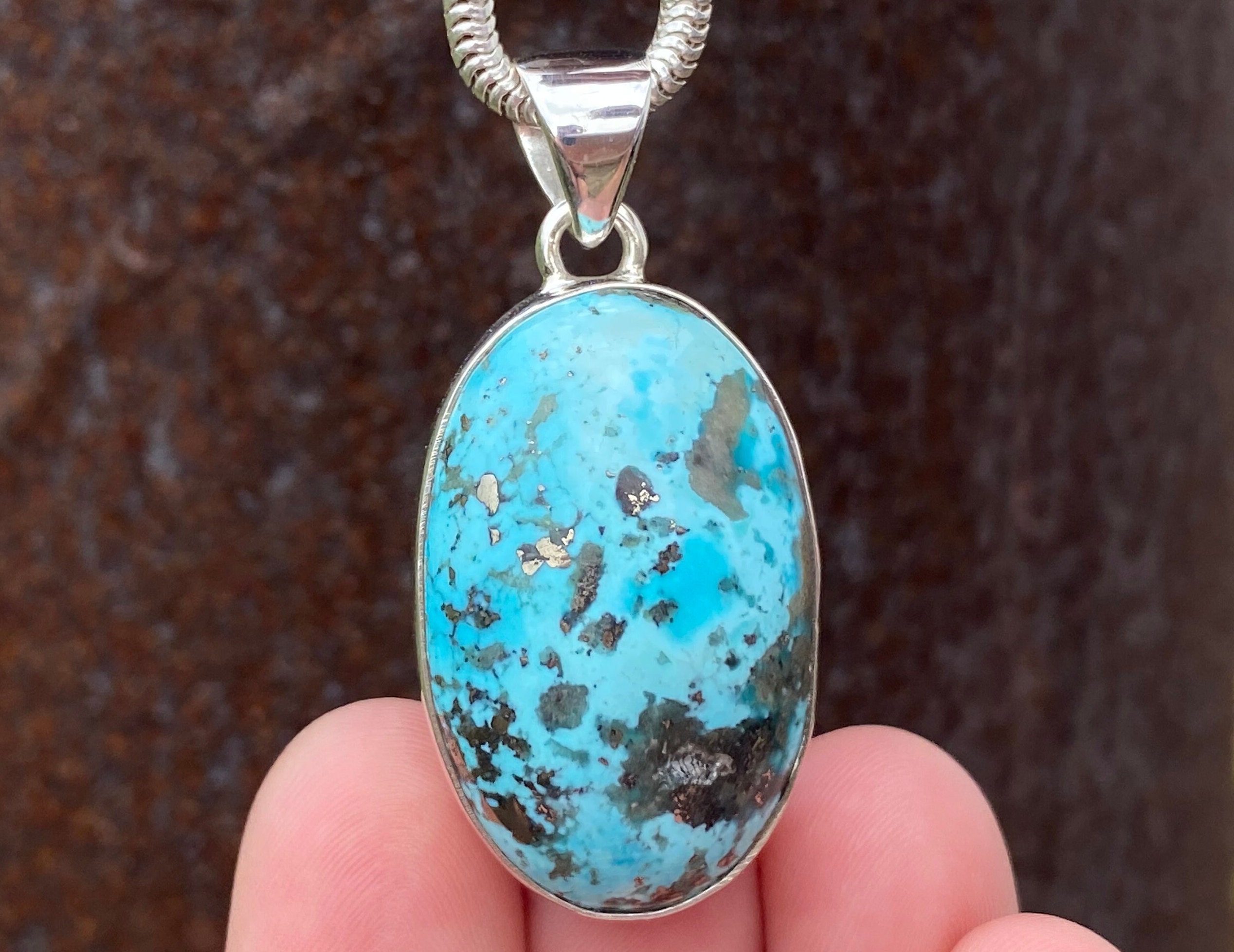 Turquoise & Pyrite pendant in 925 Sterling Silver handmade 21x44mm 